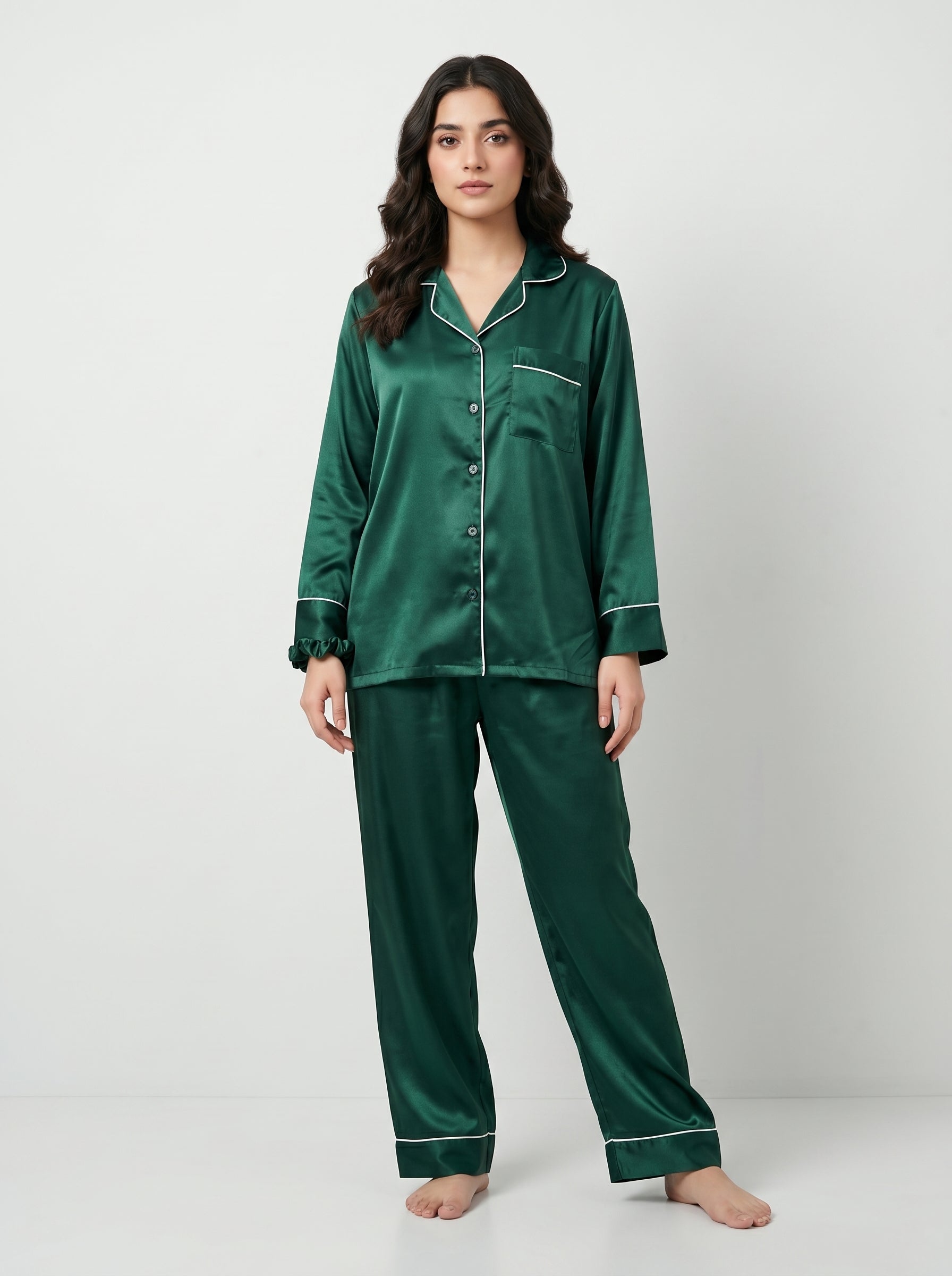Elegant Bottle Green Silk Pajama Set with Poni – Women’s Satin Night Suit & Luxury Loungewear