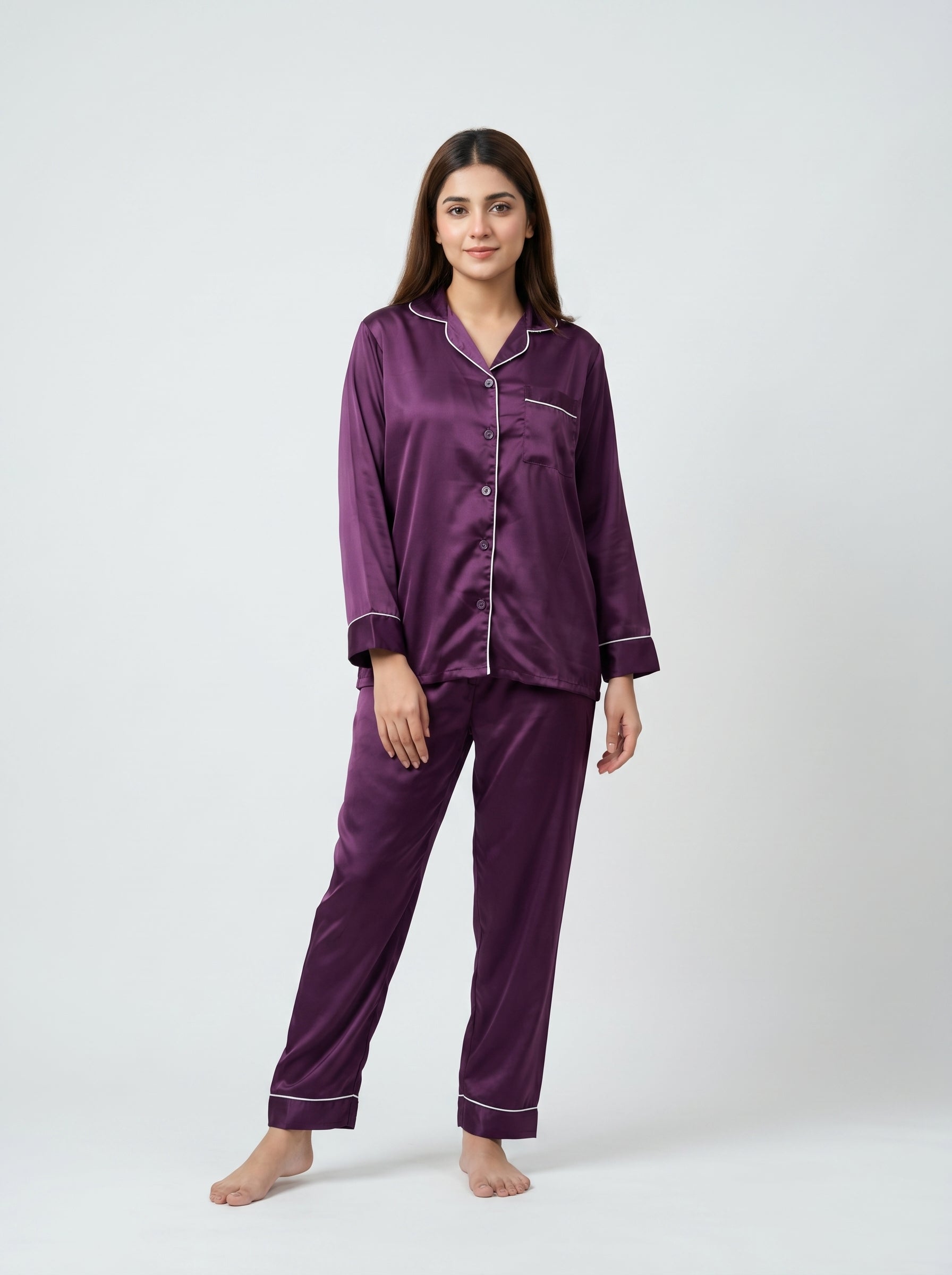 Chic Purple Silk Pajama Set with Poni – Women’s Satin Sleepwear & Stylish Lounge Night Suit