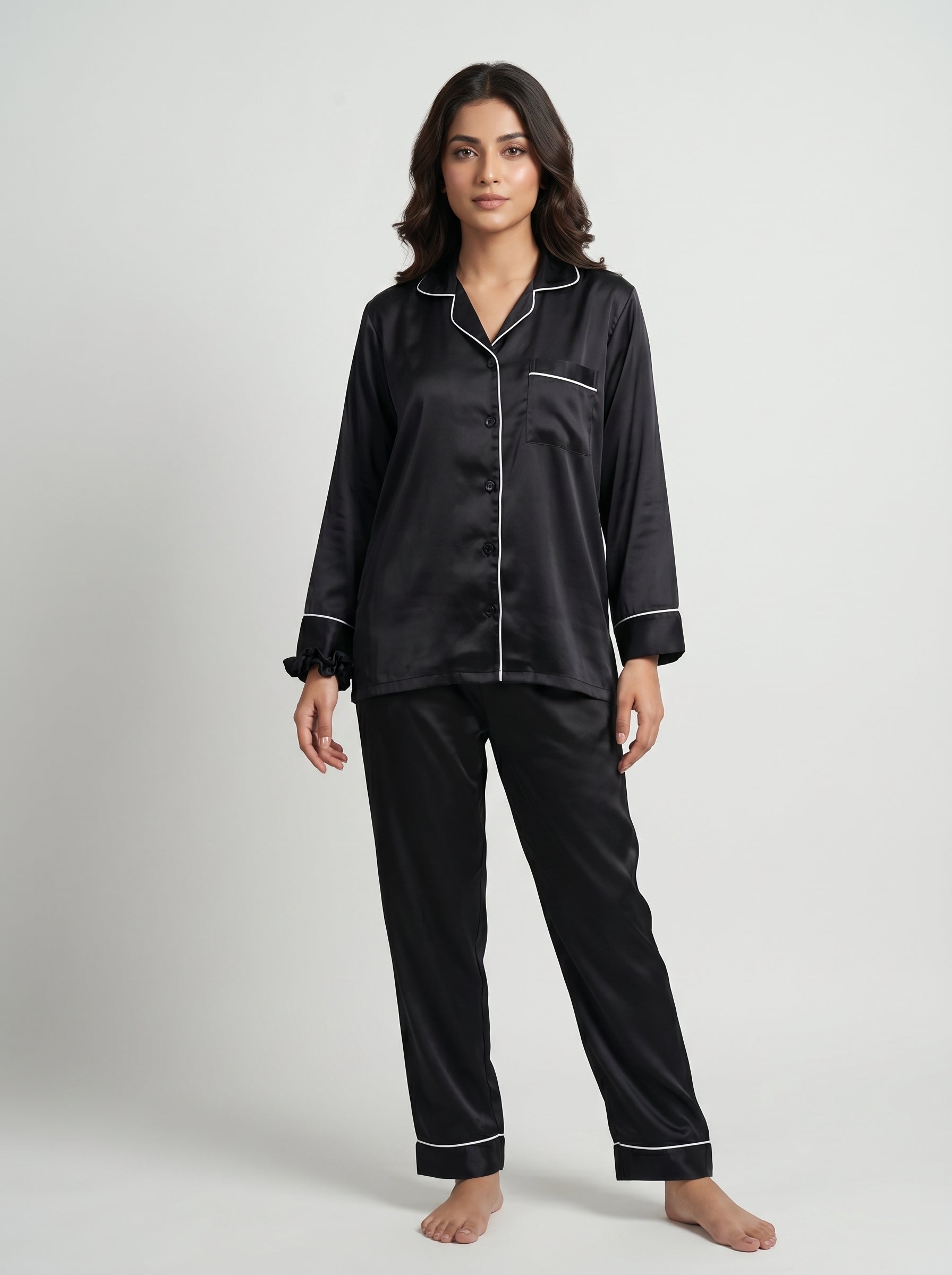 Luxury Black Silk Pajama Set with Poni – Women’s Satin Night Suit & Elegant Loungewear