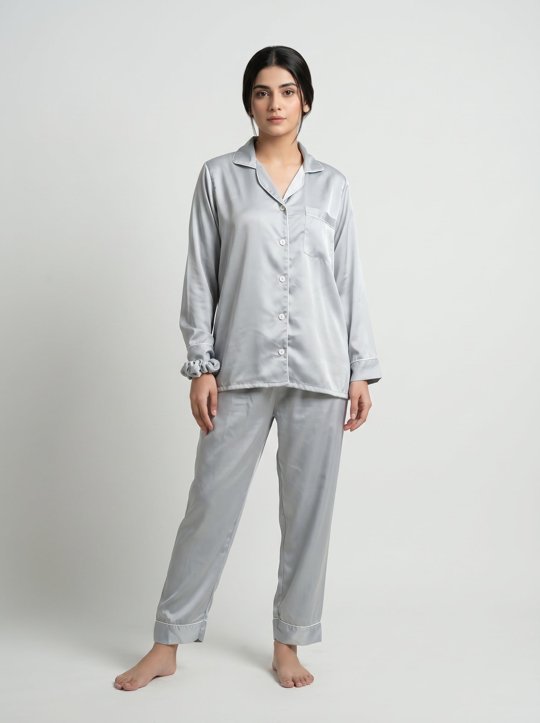 Premium White Silk Pajama Set with Poni – Women’s Satin Nightwear & Soft Luxury Lounge Set
