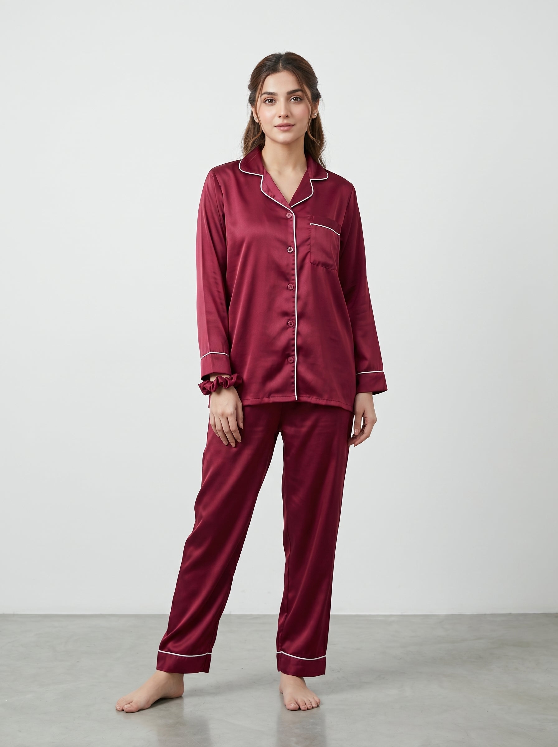 Luxury Red Silk Pajama Set for Women with Poni  – Satin Nightwear, Soft Lounge Sleepwear Set