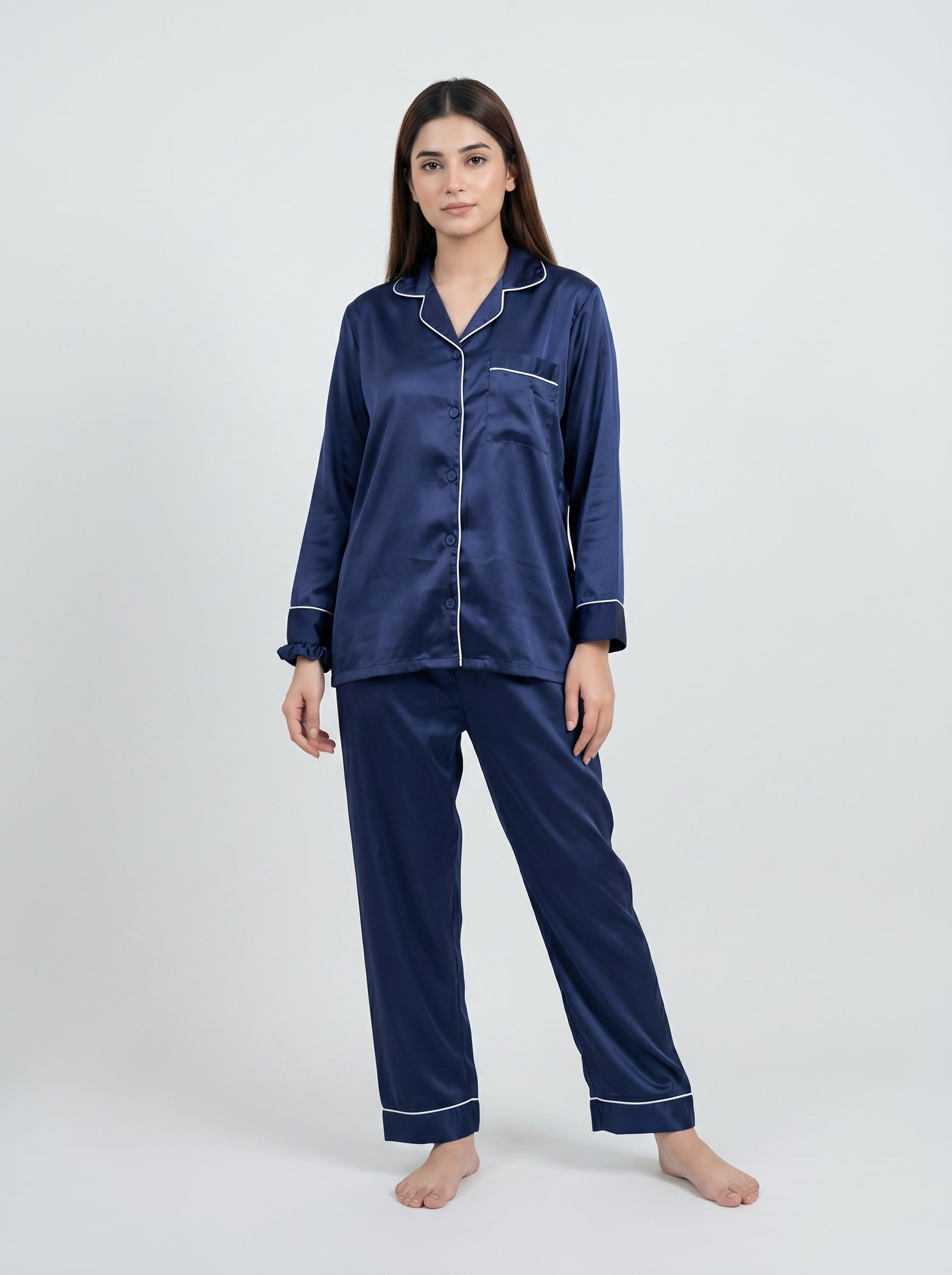 Classic Navy Blue Silk Pajama Set with Poni – Women’s Satin Sleepwear & Premium Night Suit