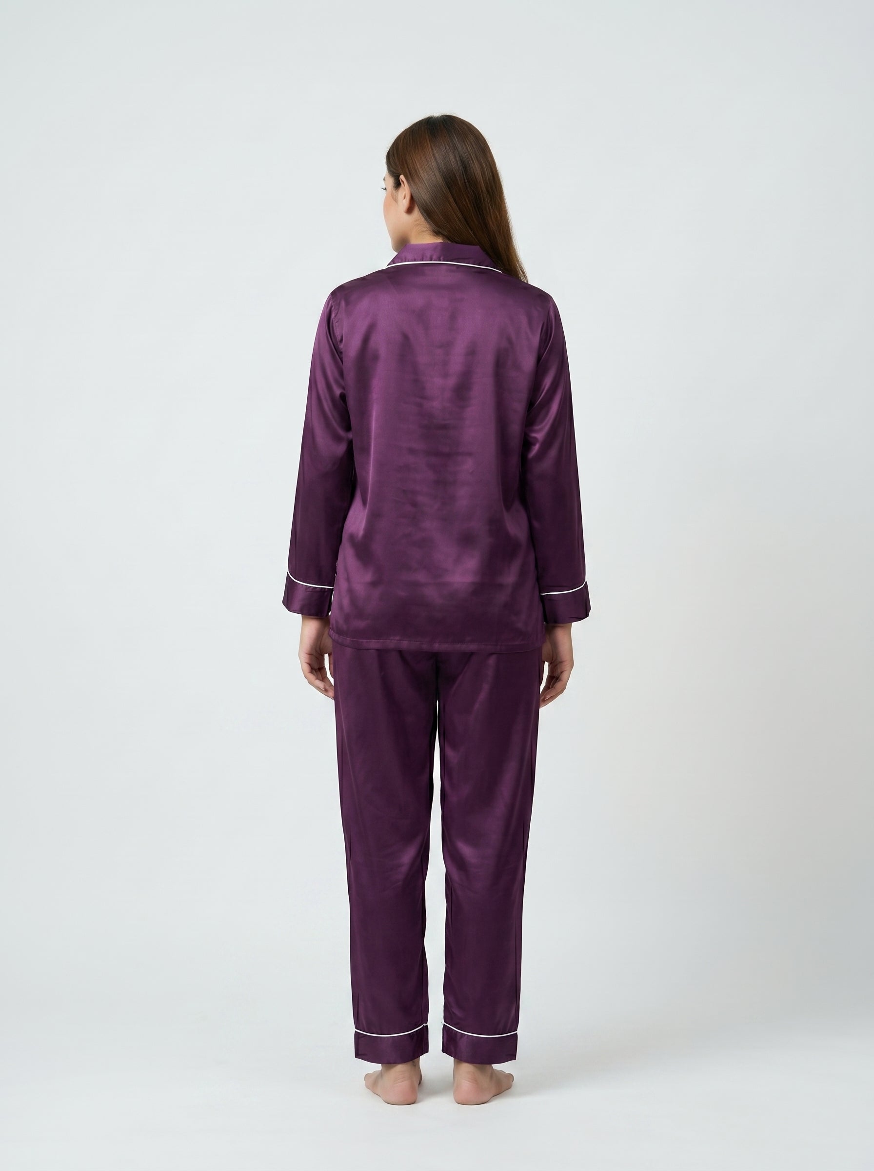 Chic Purple Silk Pajama Set with Poni – Women’s Satin Sleepwear & Stylish Lounge Night Suit