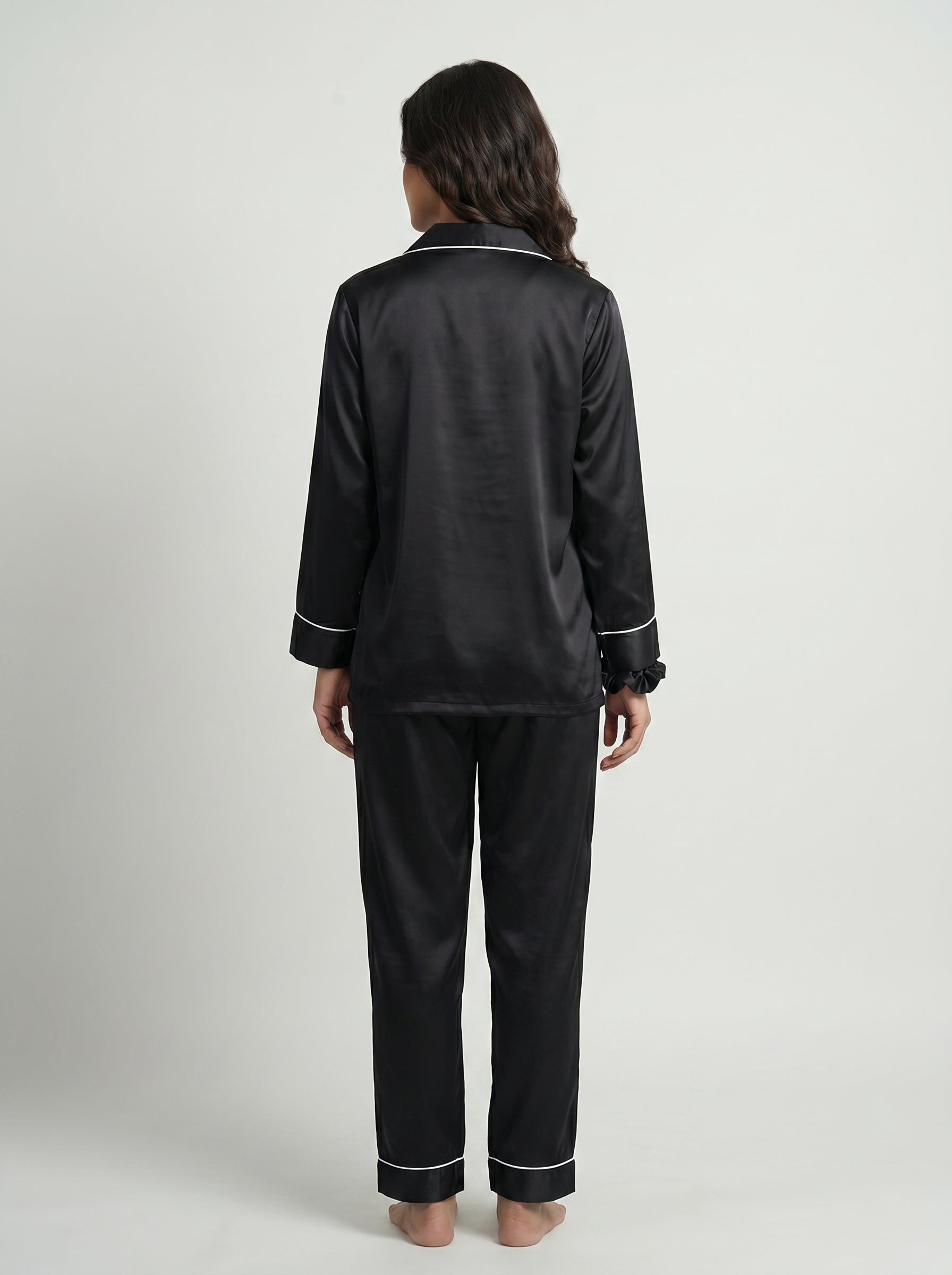 Luxury Black Silk Pajama Set with Poni – Women’s Satin Night Suit & Elegant Loungewear