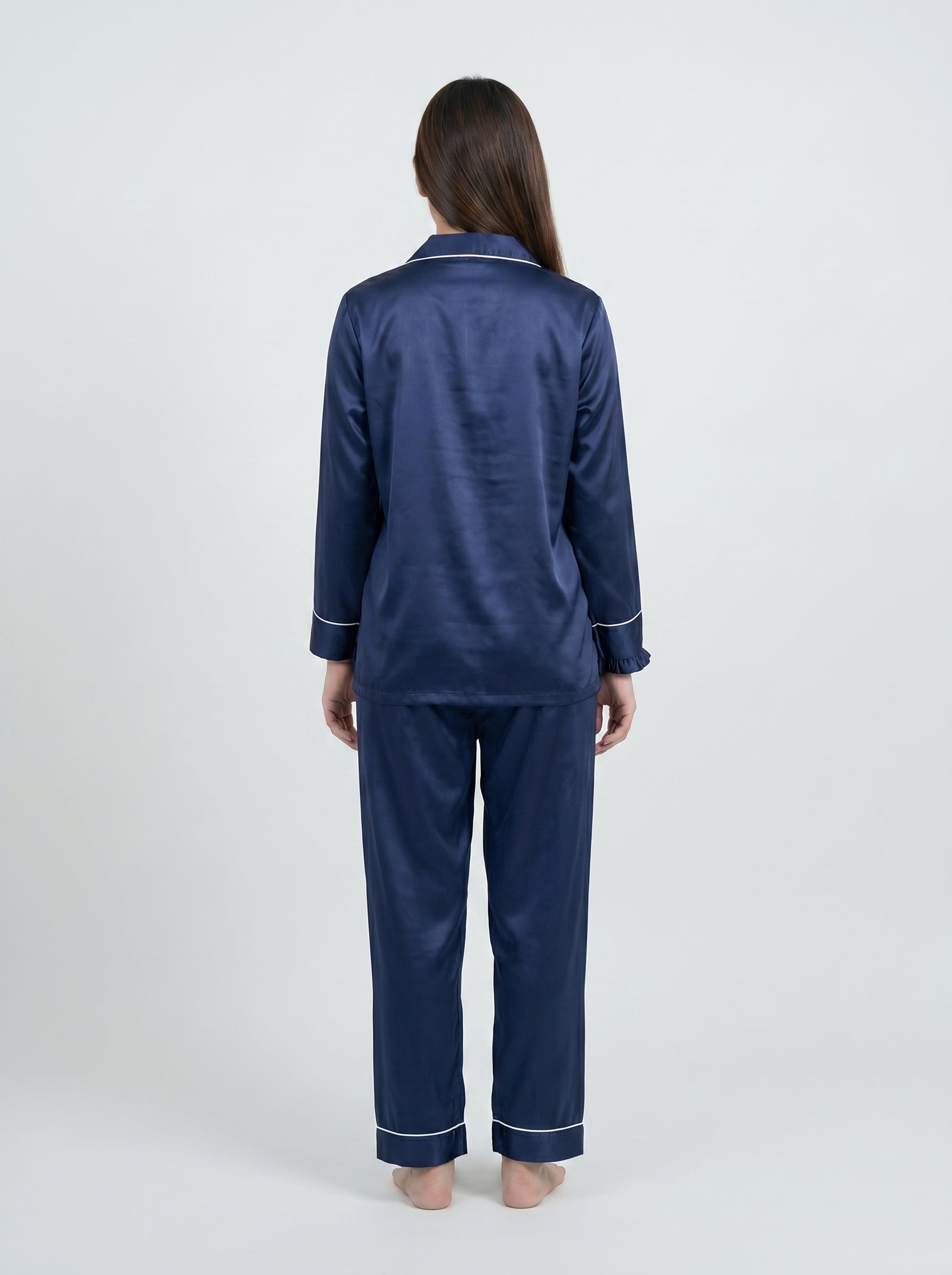 Classic Navy Blue Silk Pajama Set with Poni – Women’s Satin Sleepwear & Premium Night Suit