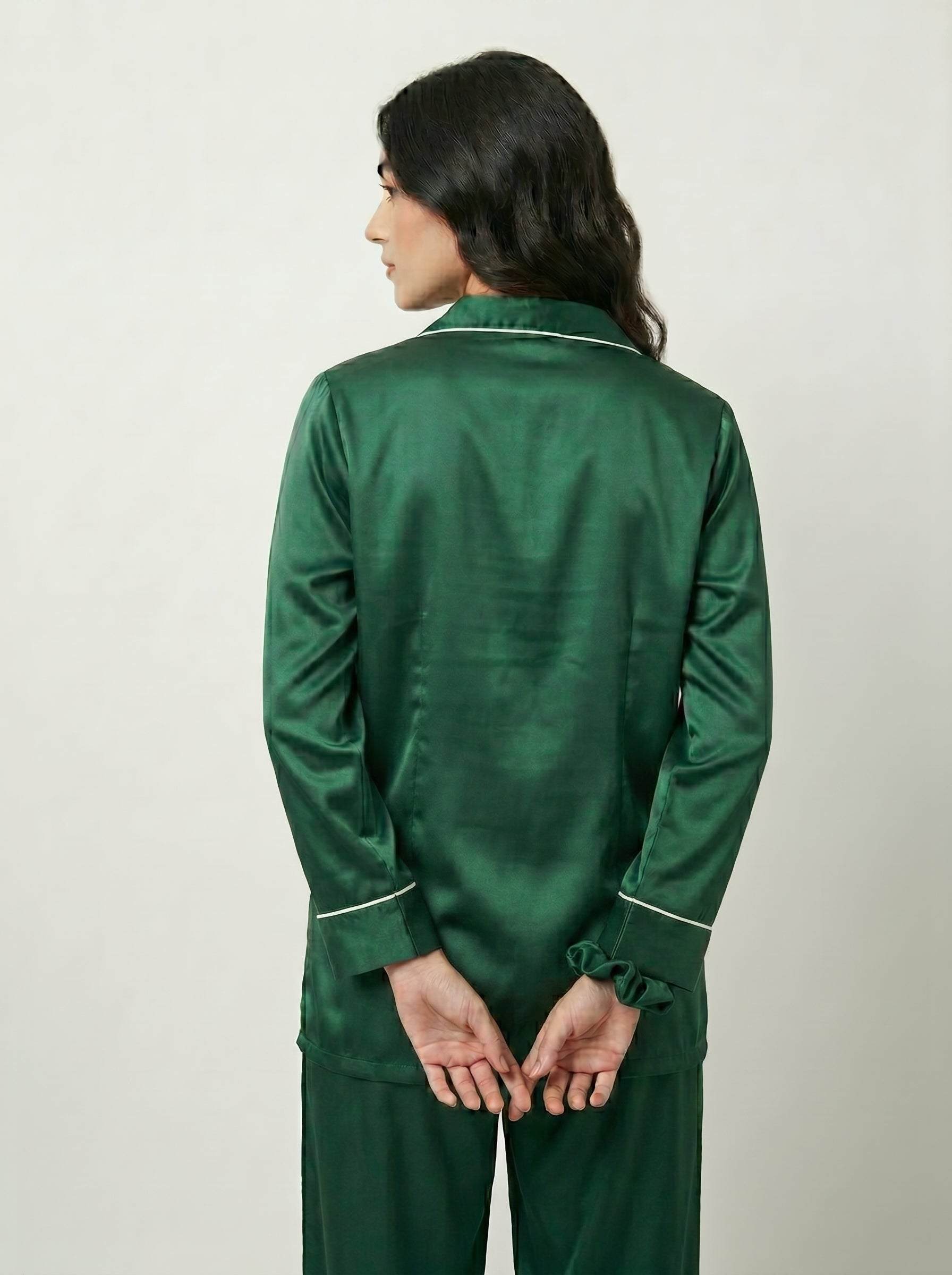 Elegant Bottle Green Silk Pajama Set with Poni – Women’s Satin Night Suit & Luxury Loungewear