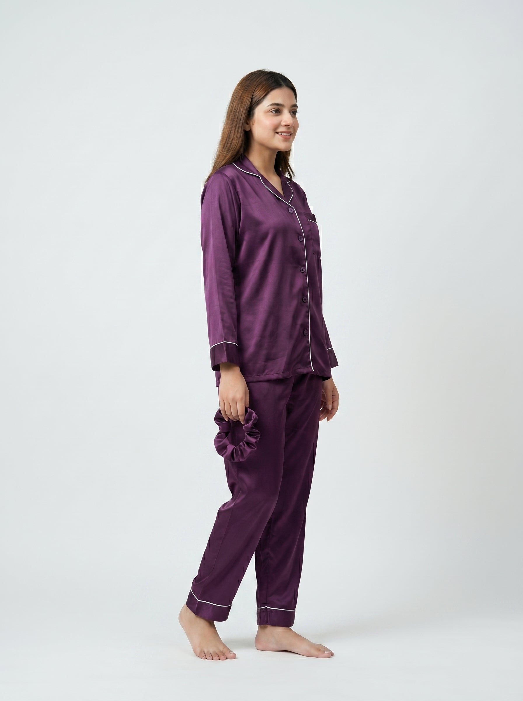 Chic Purple Silk Pajama Set with Poni – Women’s Satin Sleepwear & Stylish Lounge Night Suit