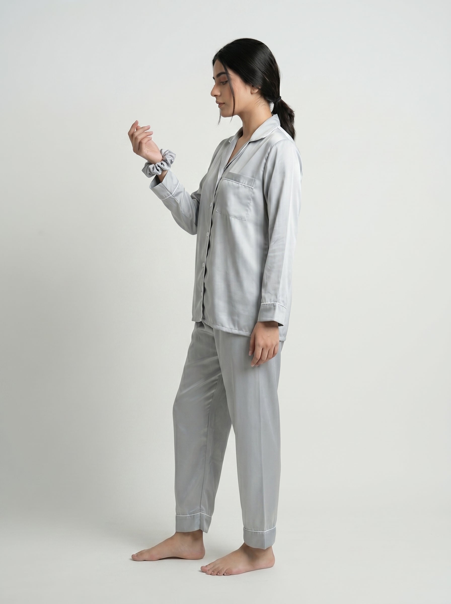 Premium White Silk Pajama Set with Poni – Women’s Satin Nightwear & Soft Luxury Lounge Set