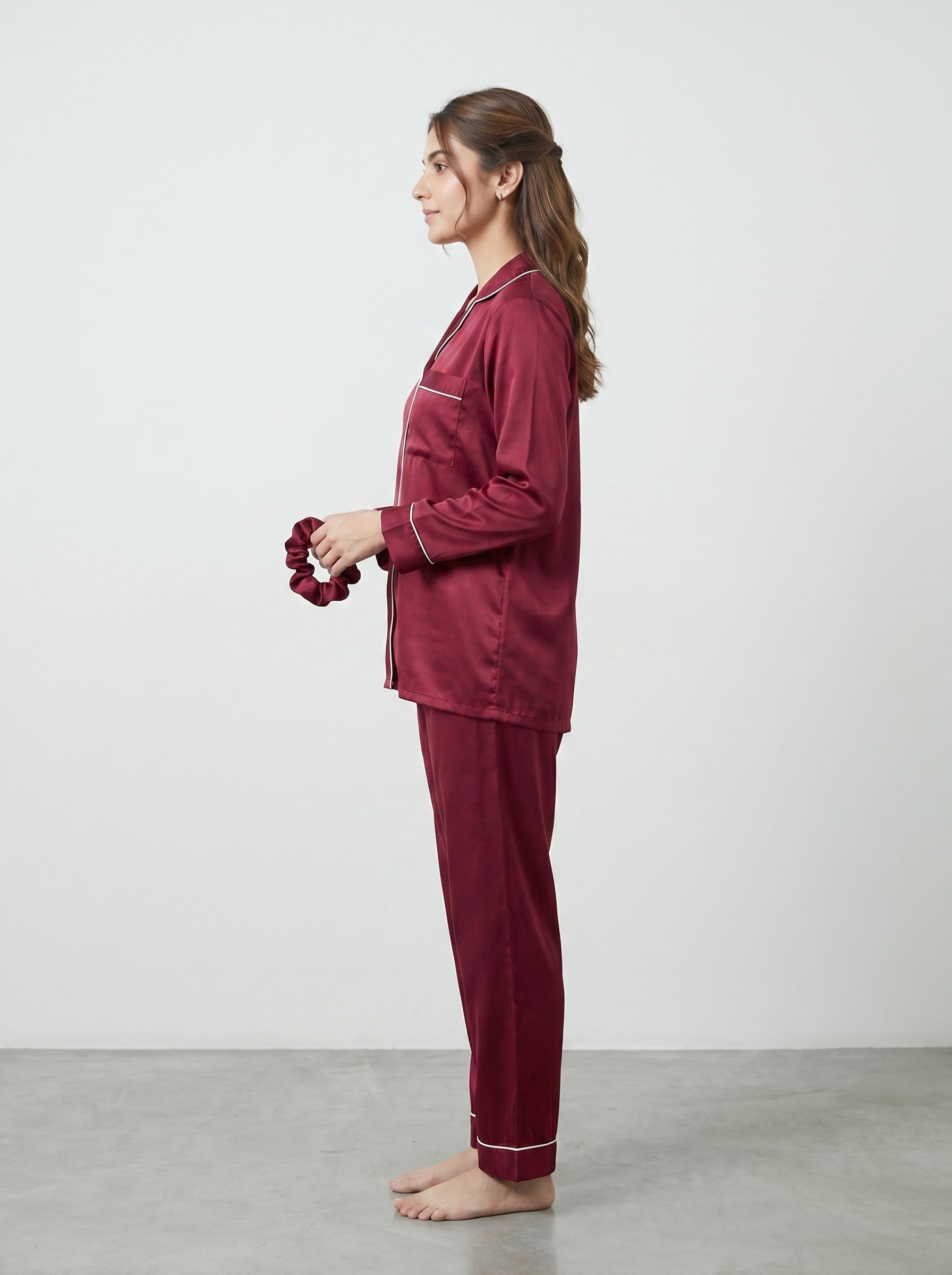 Luxury Red Silk Pajama Set for Women with Poni  – Satin Nightwear, Soft Lounge Sleepwear Set