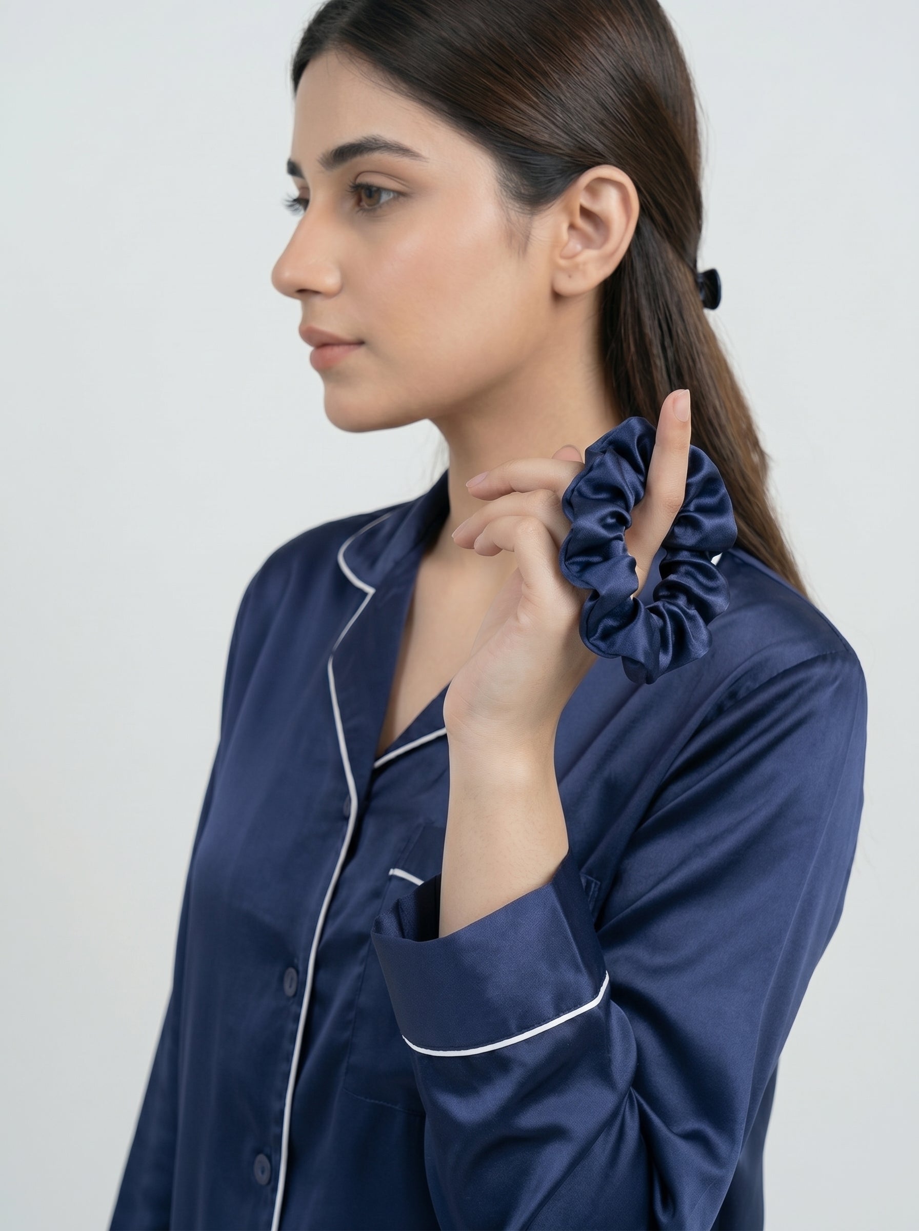 Classic Navy Blue Silk Pajama Set with Poni – Women’s Satin Sleepwear & Premium Night Suit