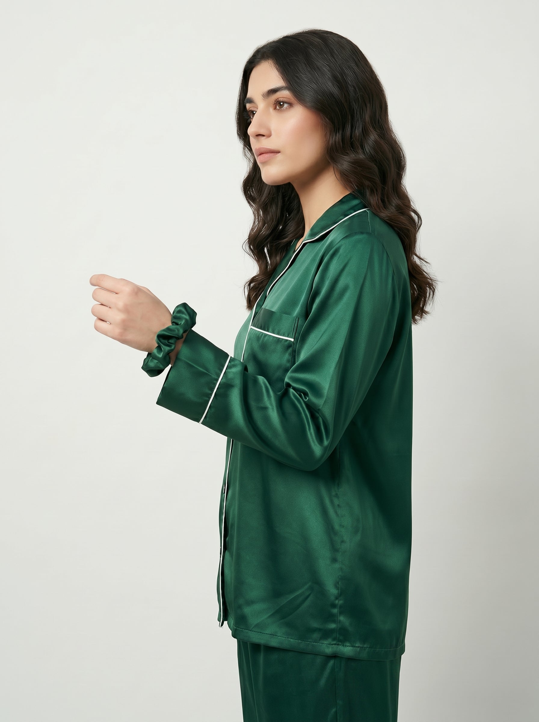 Elegant Bottle Green Silk Pajama Set with Poni – Women’s Satin Night Suit & Luxury Loungewear