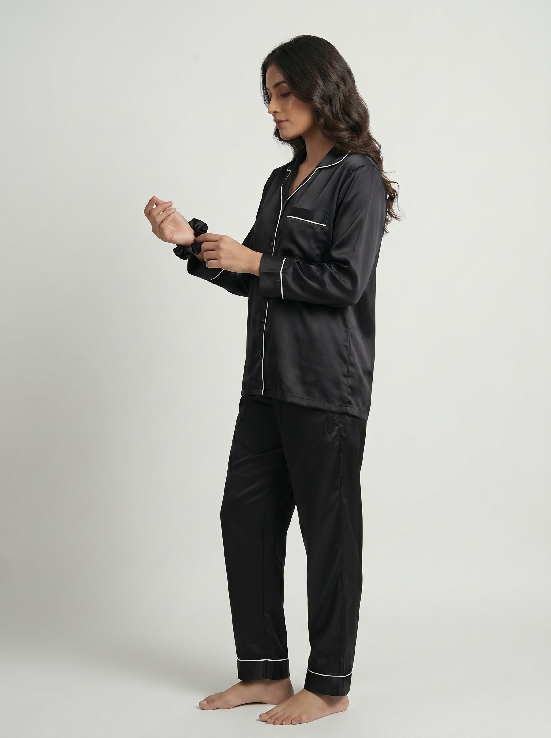 Luxury Black Silk Pajama Set with Poni – Women’s Satin Night Suit & Elegant Loungewear